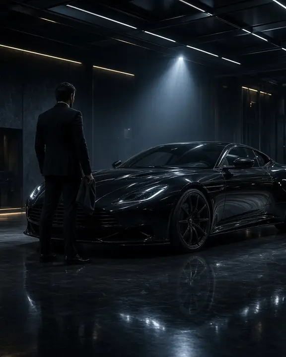 A man in a black suit, back turned, standing beside a black coupe in a dark modern garage